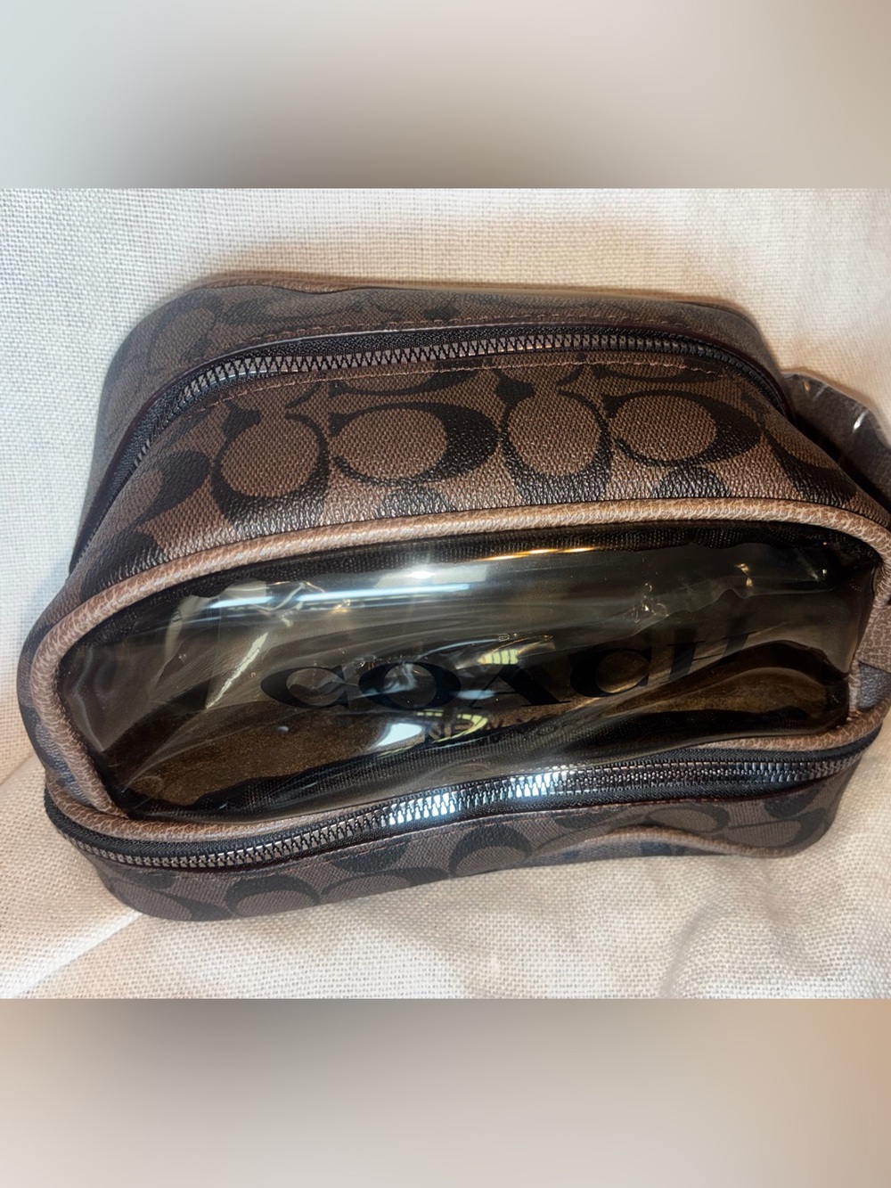 Coach Brown Signature Clear-Front Toiletry Case